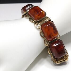 Book Chain Brown Art Glass Bracelet, Victorian Revival, Gold Plated, 1950s
